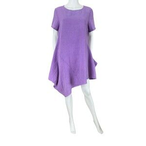 Bryn Walker Linen Lantern Dress Size M Purple Short Sleeve Lagenlook Asymmetric